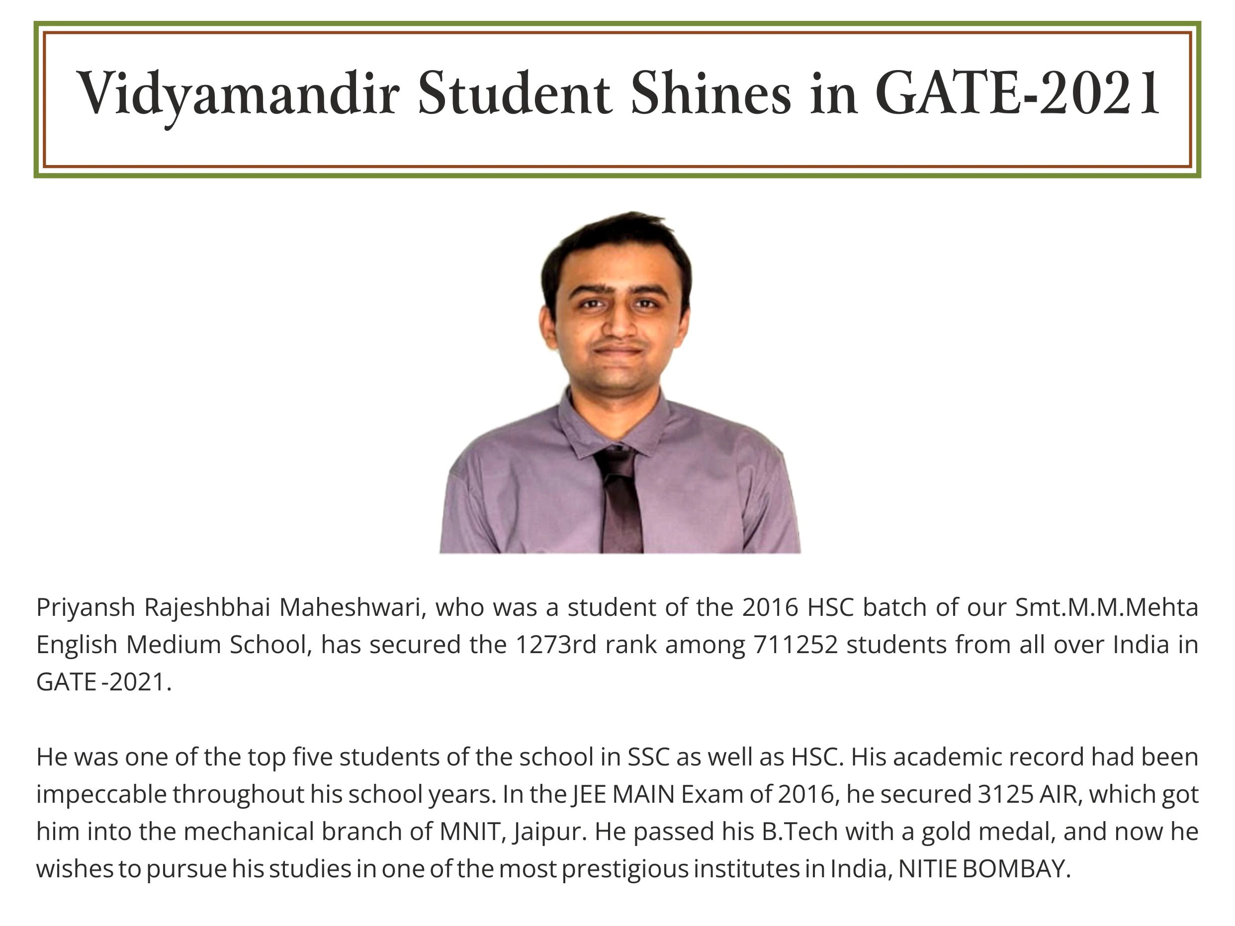 Priyansh Maheshwari - Vidyamandir Student Award